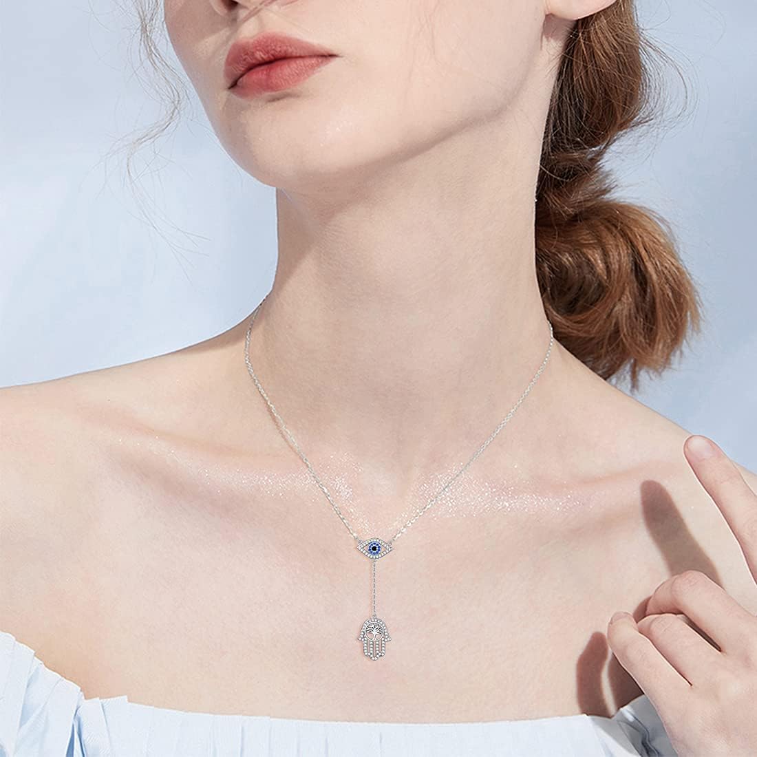 PEIMKO Evil Eye Necklace 925 Sterling Silver Hamsa hand Y Lariat Protection Amulet Evil Eye Jewelry Birthday Gift for Women - Image 5