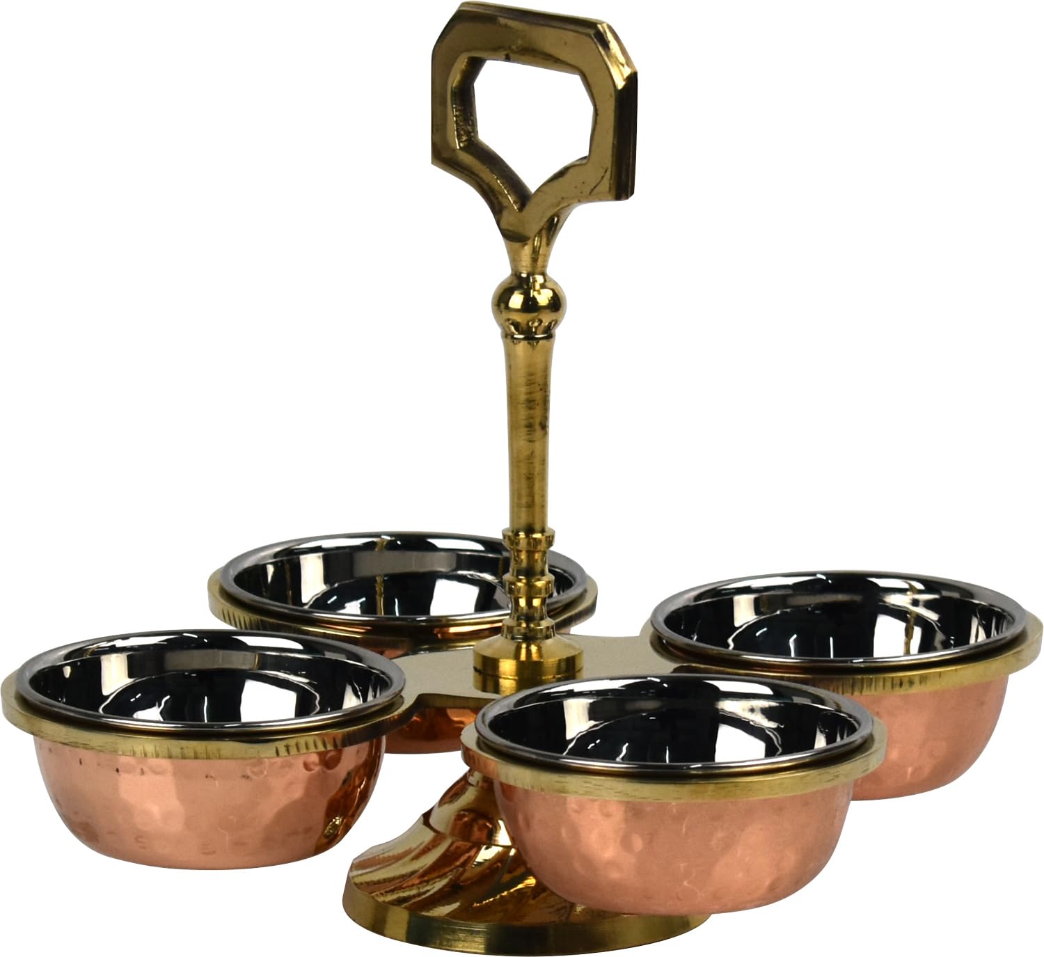 Catergold Traditional Pickle, Dipping Sauce, Snacks Set with 4 Bowls 480ml Brass Stand, Copper & Stainless Steel Hammered Round Shape Serving Dish for Condiments