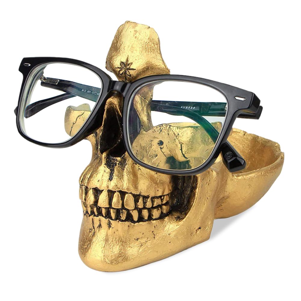 Idée cadeau déco originale avec ce support lunettes crâne doré design