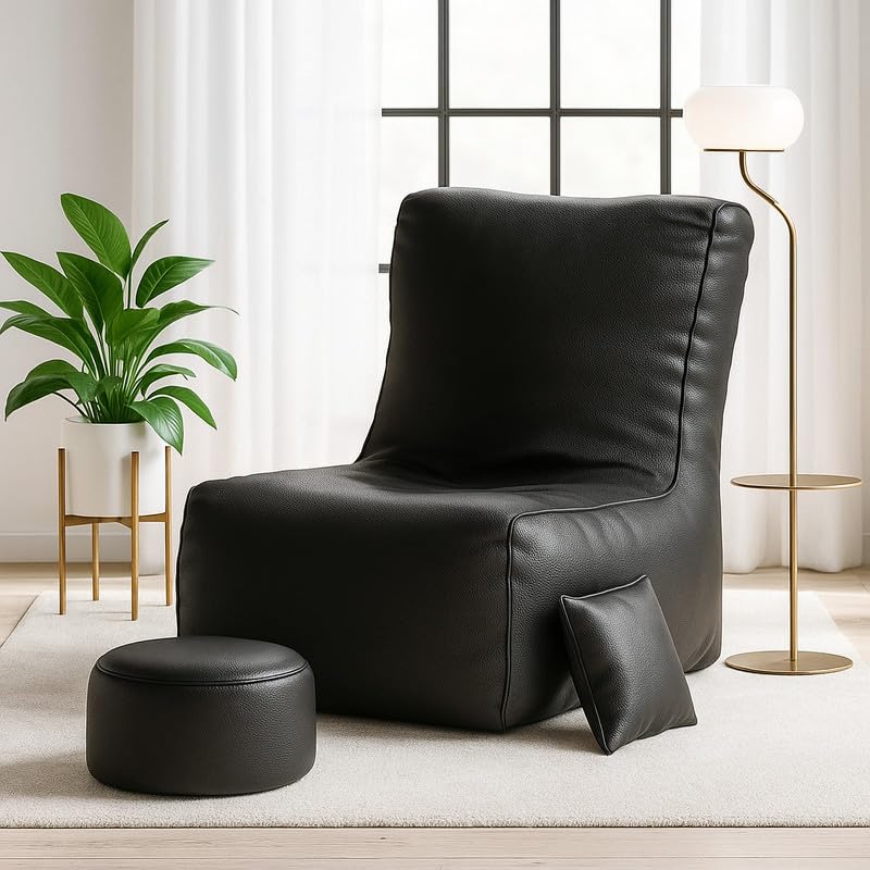 Image of Biggie Bean Bag Chair 4XL with Beans Filled-ComfortHaven-Designed for Pure Relaxation-Crafted for Comfort-Styled for Elegance with Free Cushion & Footrest (Fabric : Fur, Black)