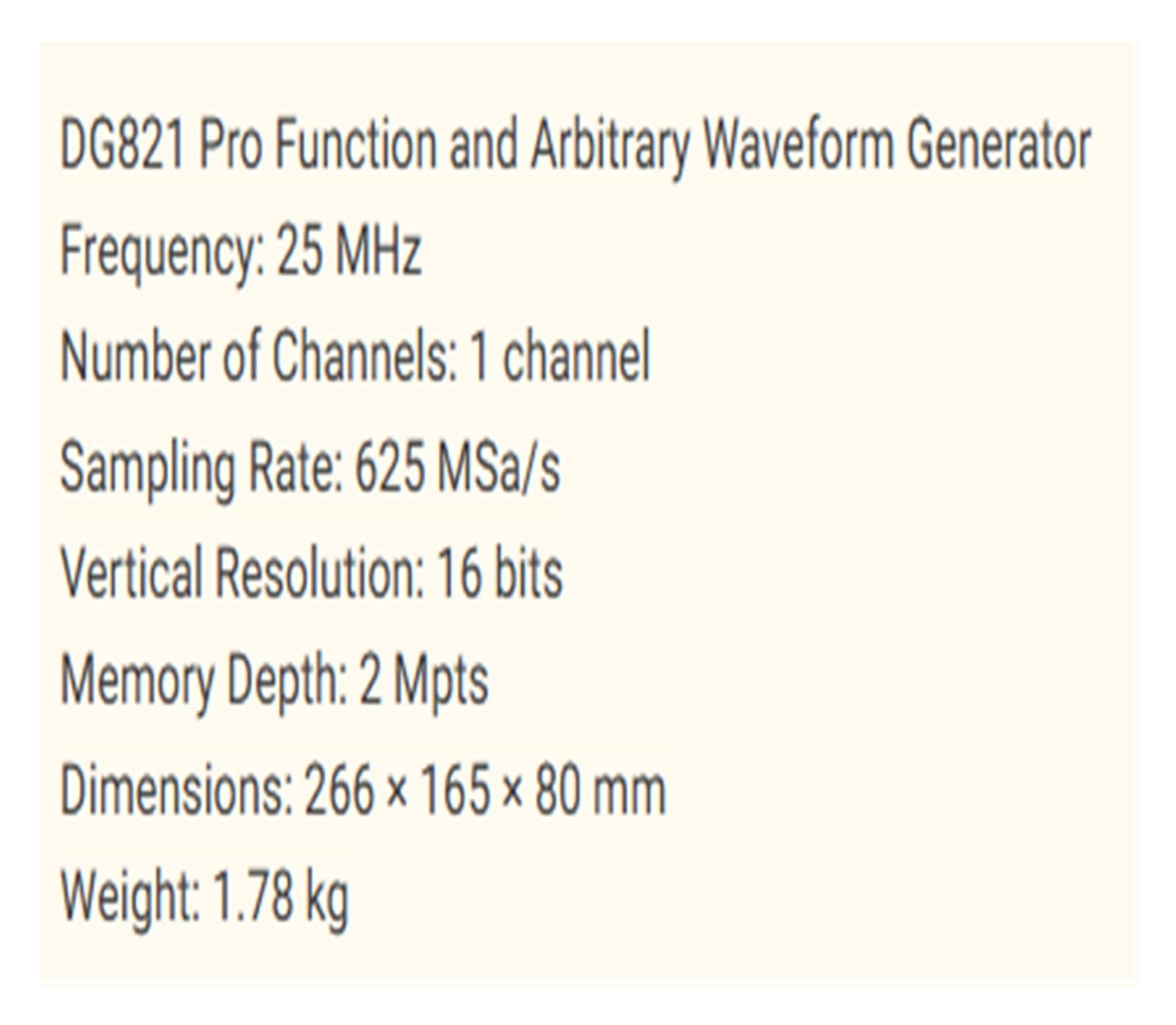 Fonction monocanal DG821 Pro 25 MHz et générateur de forme d'onde arbitraire 625 Msa/s