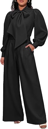 VERWIN Long Sleeve Plain Dressy Romper Elastic Waist Full Length Bowknot Womens Jumpsuit with Pockets