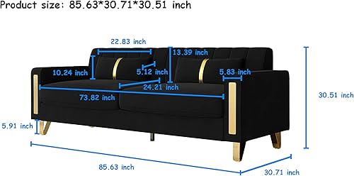 Miniatura 2 de Sofá cama modular de tela de terciopelo de 85.62 pulgadas, 3 asientos, fácil de montar con 2 almohadas de sofá, patas de metal dorado para sala de