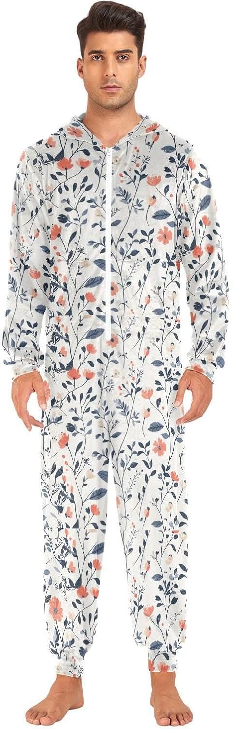 ZZKKO Farmhouse Floral Leaves Adult Onesie Pajamas for Women Men Cozy One Piece Pajamas Costume Zip-Up Hooded S-XL