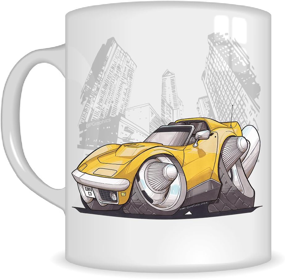 Koolart Gifts K3267-MG Cartoon of Chevrolet Corvette C3 - Caricature yellow Chevrolet Mug Gift for Men ( Mugs)