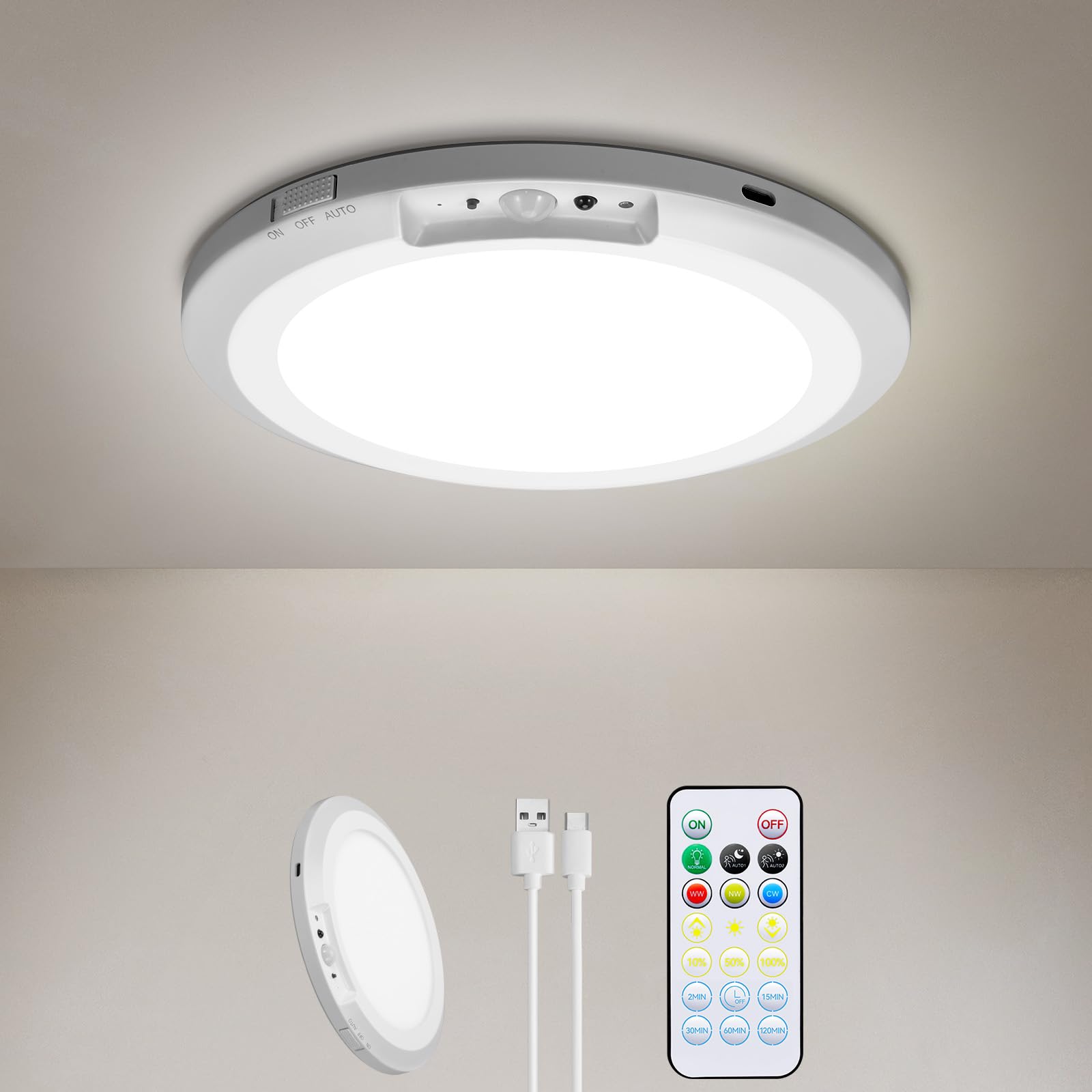 7" Rechargeable Motion Sensor Ceiling Light Indoor Outdoor Remote Control Battery Operated Flush Ceiling Light 3000K 4000K 6000K 4000K 400LM Dimmable-image-25