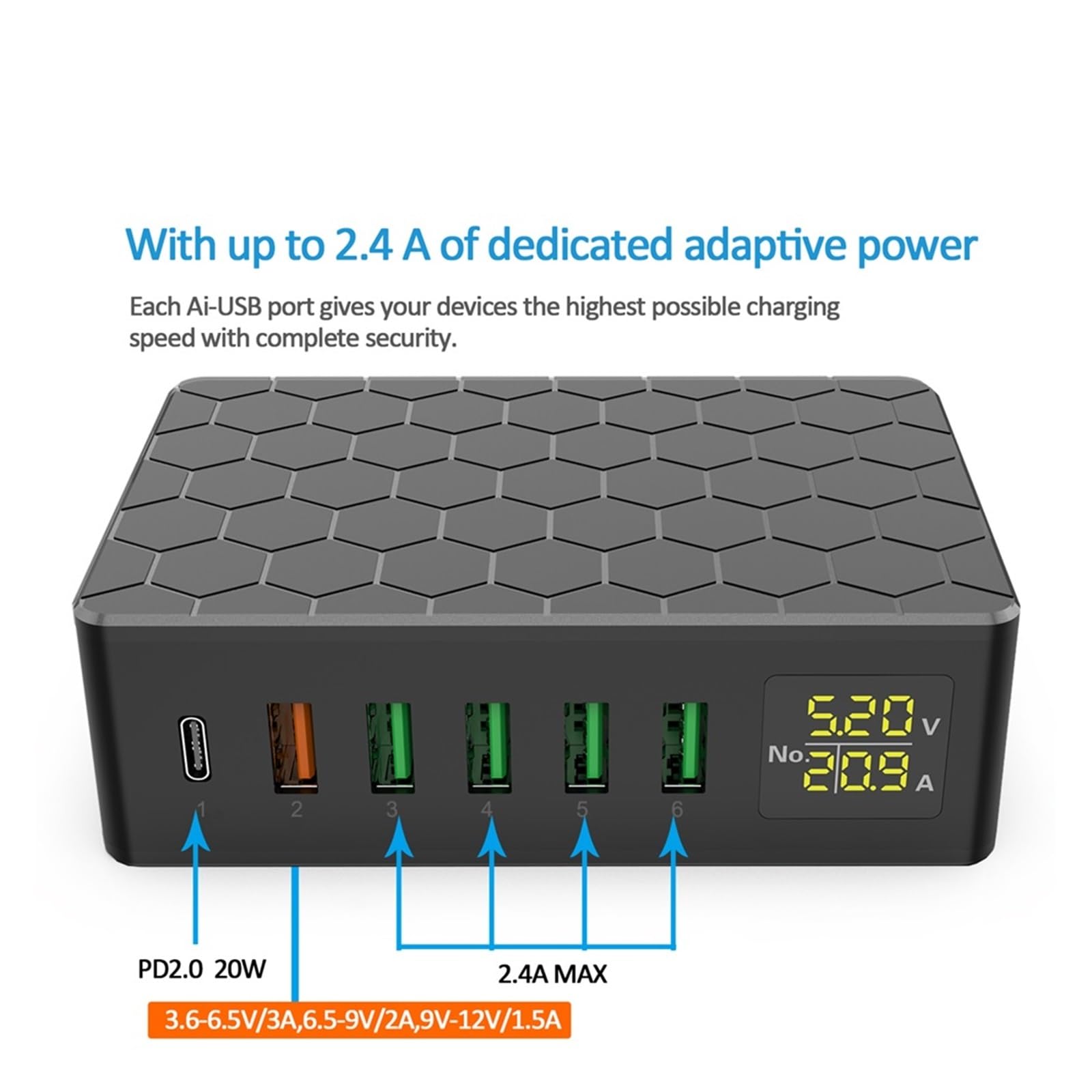 Cargador USB 65W 12A QC3.0 con Pantalla LCD, Cargador De Teléfono Móvil De Escritorio De 6 Puertos, Carga Rápida Inteligente For Teléfonos Inteligentes Cargador Rápido