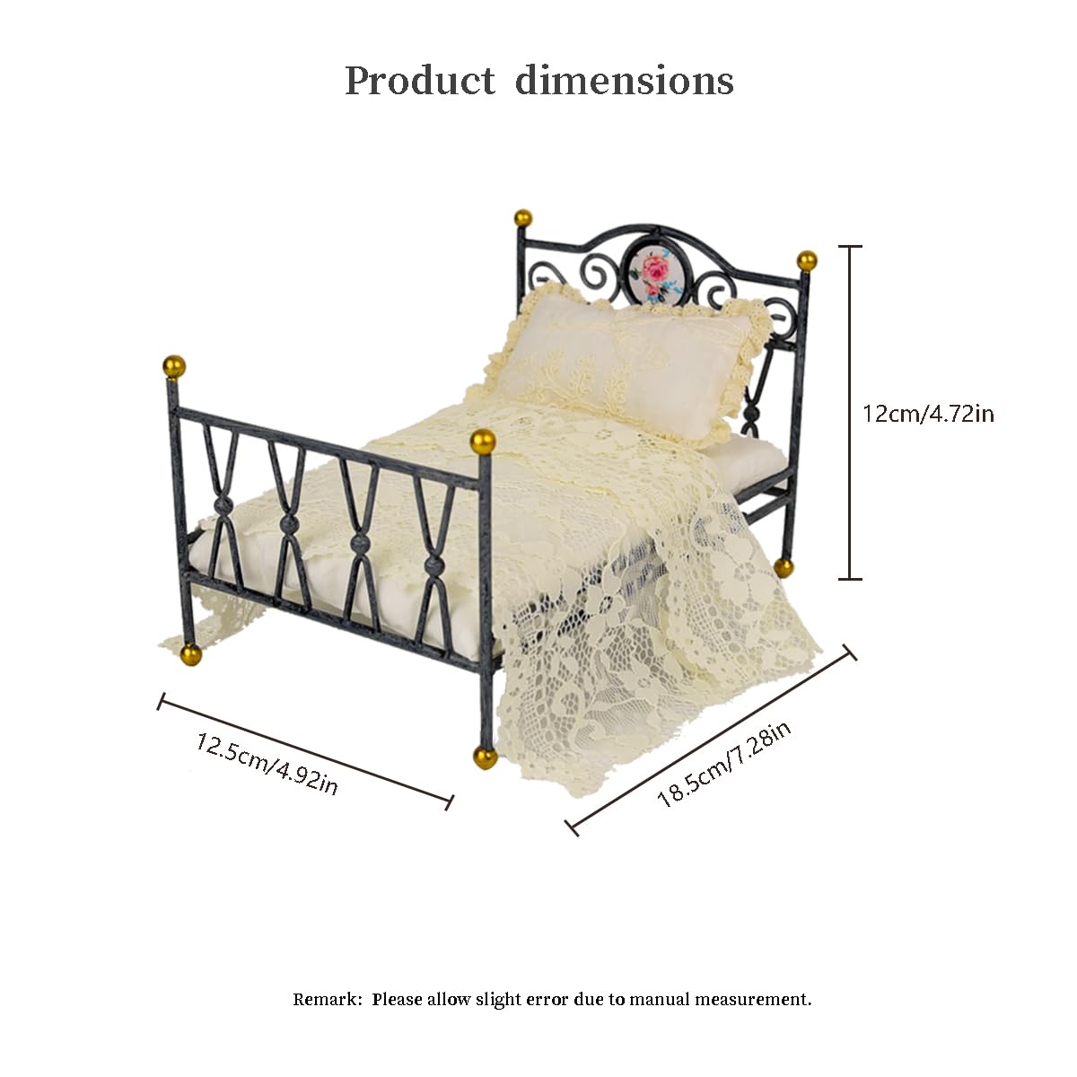 Funky Mini House 1:12 Scale Miniature Iron Bed with Bedding, Handmade Vintage Dollhouse Furniture BJD Ob11 Accessories (Black)