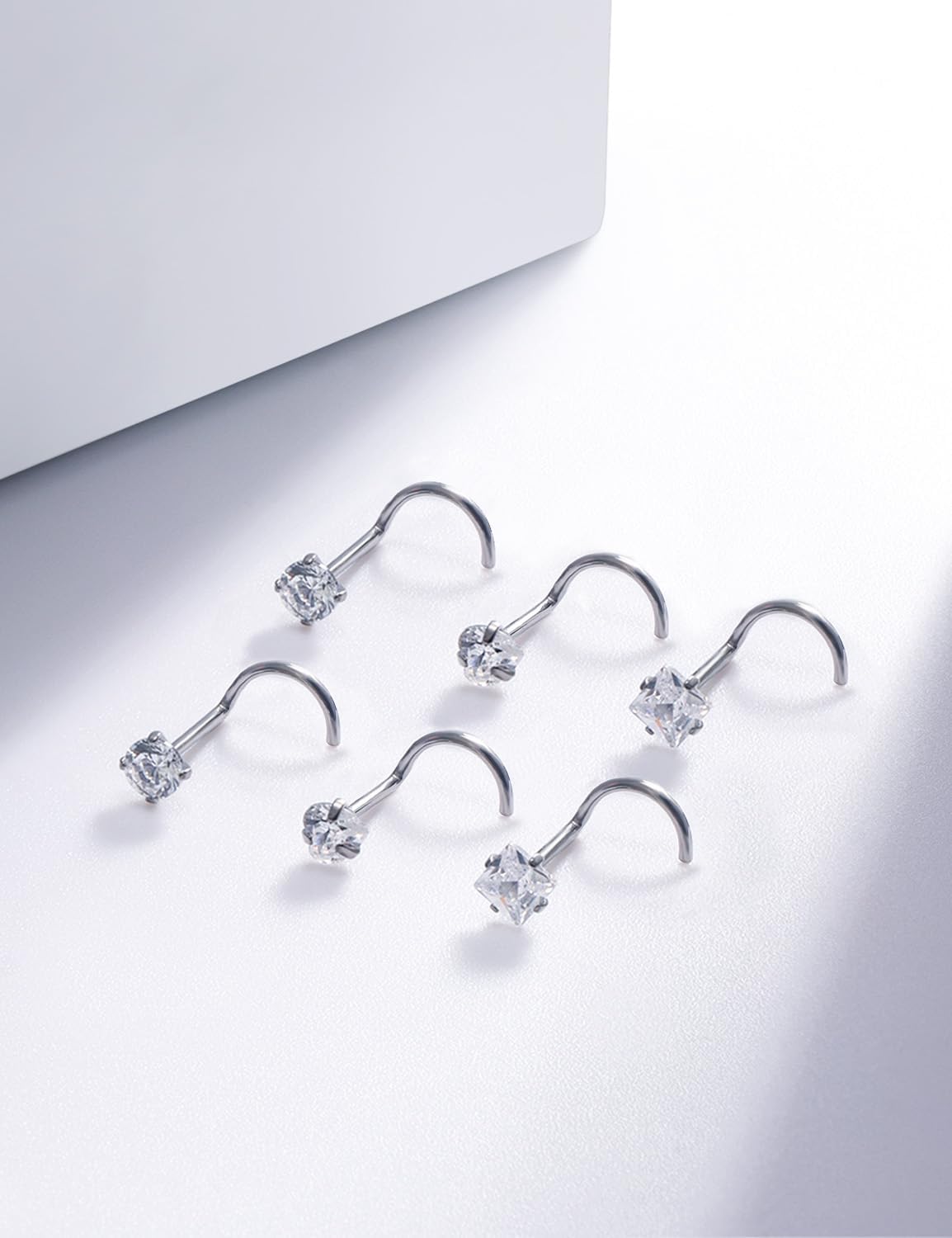 20G Astm F136 Titanium Nose Rings Studs Piercing Jewelry for Women L Shaped Corkscrew Straight Titanium Heart Nose Rings Studs Round Square CZ Nostril Piercing Jewelry for Women Men - Image 3