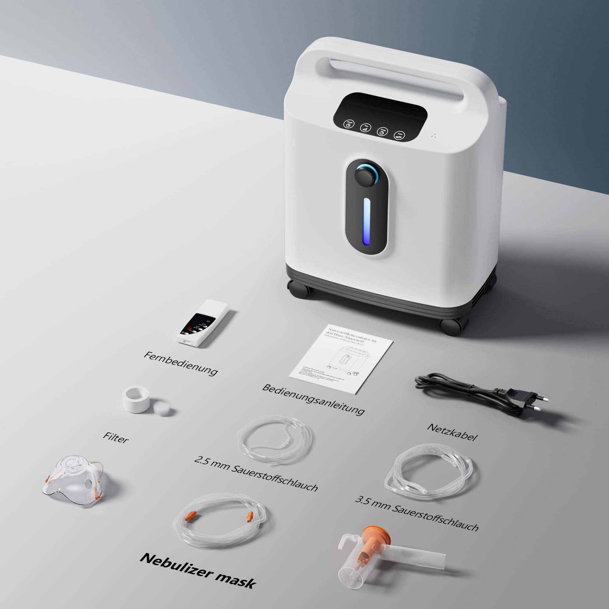 Concentratore di ossigeno portatile mobile, concentrazione 1-8L regolabile 90% ± 3%, design portatile, adatto per la casa e i viaggi (ruote universali, manuale italiano)