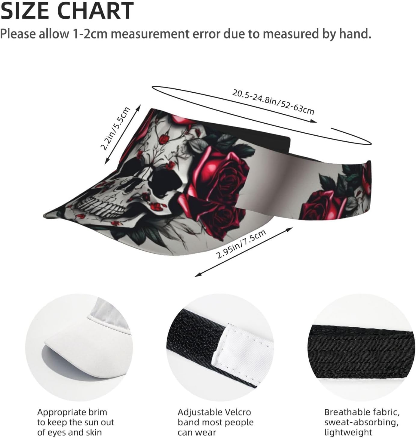 Red Rose Skull Print Sports Sun Visor Hats Adjustable Running Golf Tennis Sun Cap for Women Men