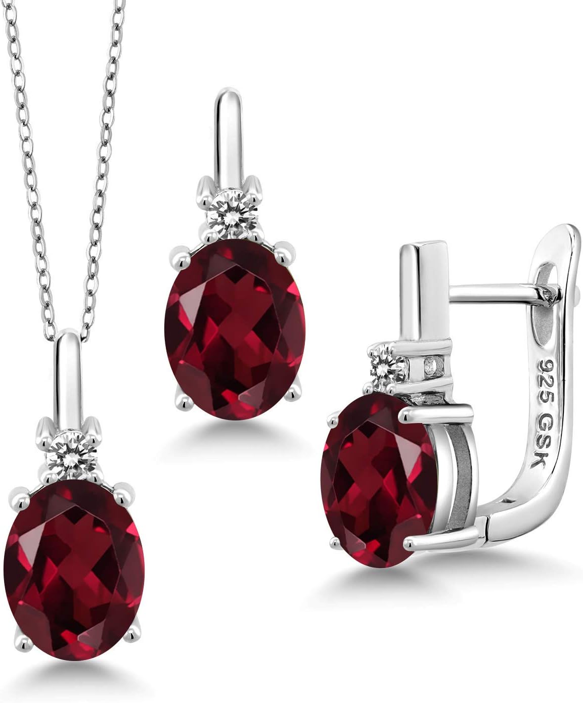 Gem Stone King Gemstone Birthstone and White Diamond Pendant and Earrings Jewelry Set for Women in 925 Sterling Silver | Oval 8X6MM and Round 2.5MM | Fine Jewelry Set for Her Mom Women Wife | With 18
