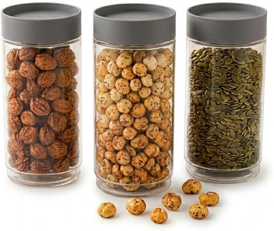 CELLO Modustack Glassy Storage Jars For Kitchen Set of 3 Pcs, 1000 ml Grey |Freezer & Fridge Safe Airtight Stackable Leadfree Toughened Glass Kitchen Storage Container For Beans, Whole Grains, Spices