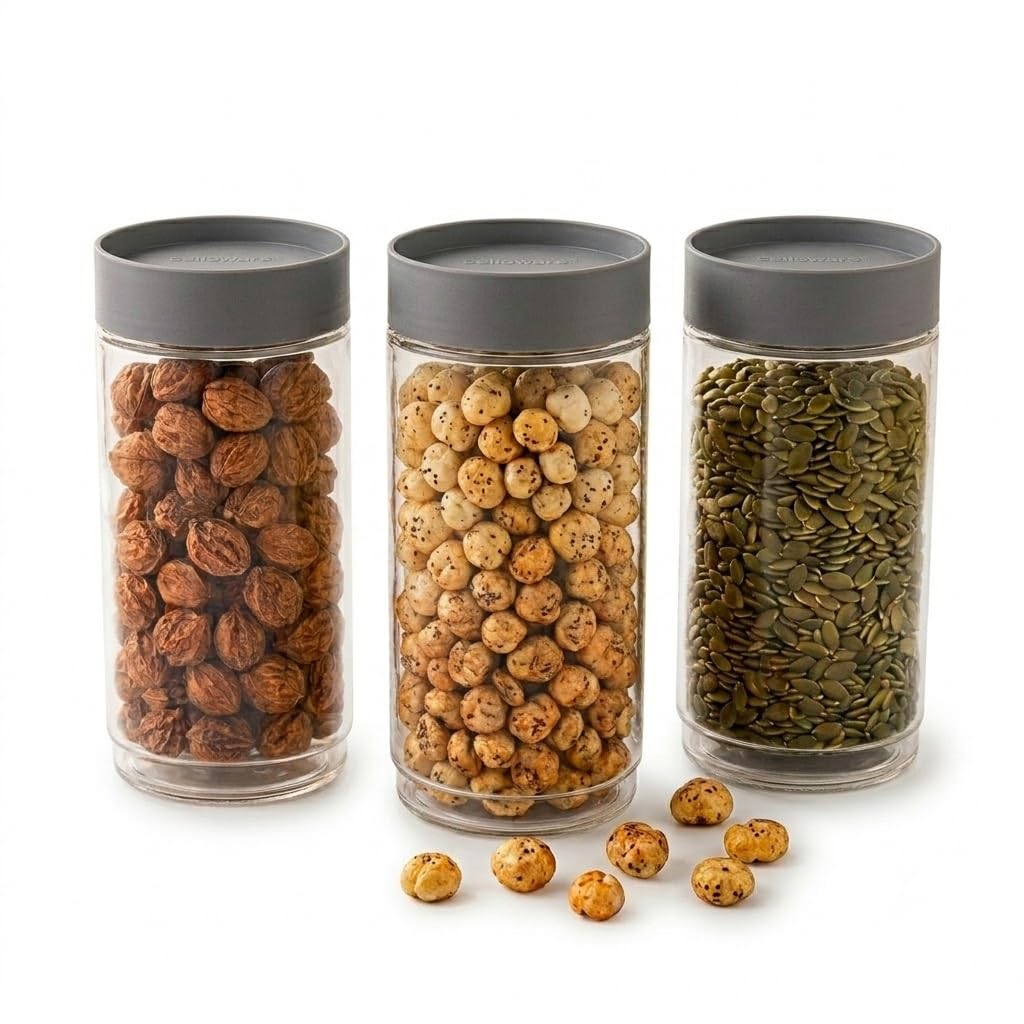CELLO Modustack Glassy Storage Jars For Kitchen Set of 3 Pcs, 1000 ml Grey |Freezer & Fridge Safe Airtight Stackable Leadfree Toughened Glass Kitchen Storage Container For Beans, Whole Grains, Spices