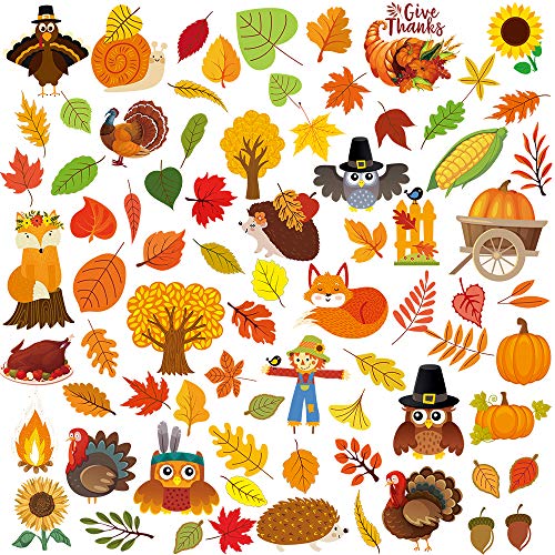 Supla 7 Sheets 102 Pcs Thanksgiving Window Clings Fall Window Stickers Decals Featuring Turkey Fall Maple Leaves Pumpkin Acorn Cornucopia Indian Corn for Autumn Harvest Festival Seasonal Decorations