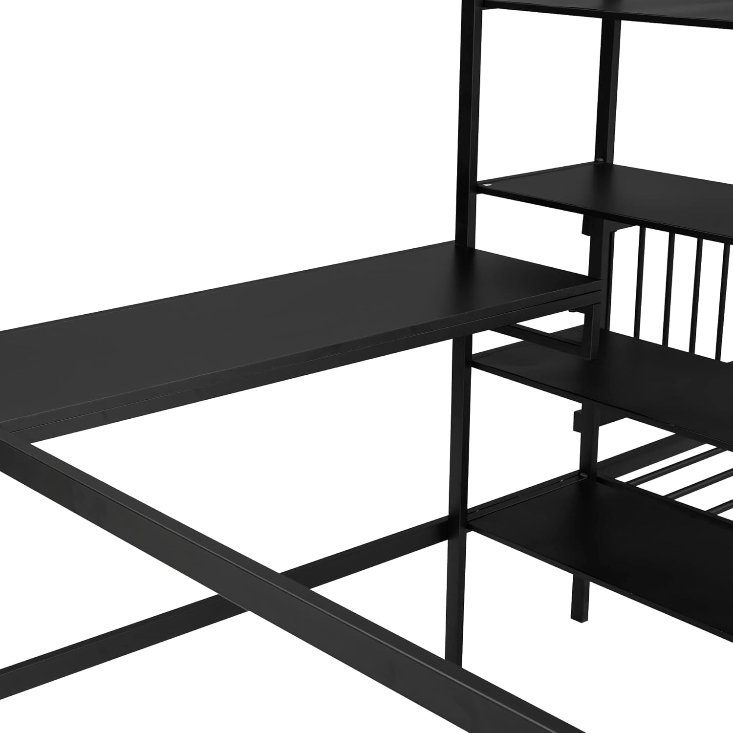 ക്ലോസ് അപ്പ് view of the built-in desk area of the Polibi Metal Bunk Bed.
