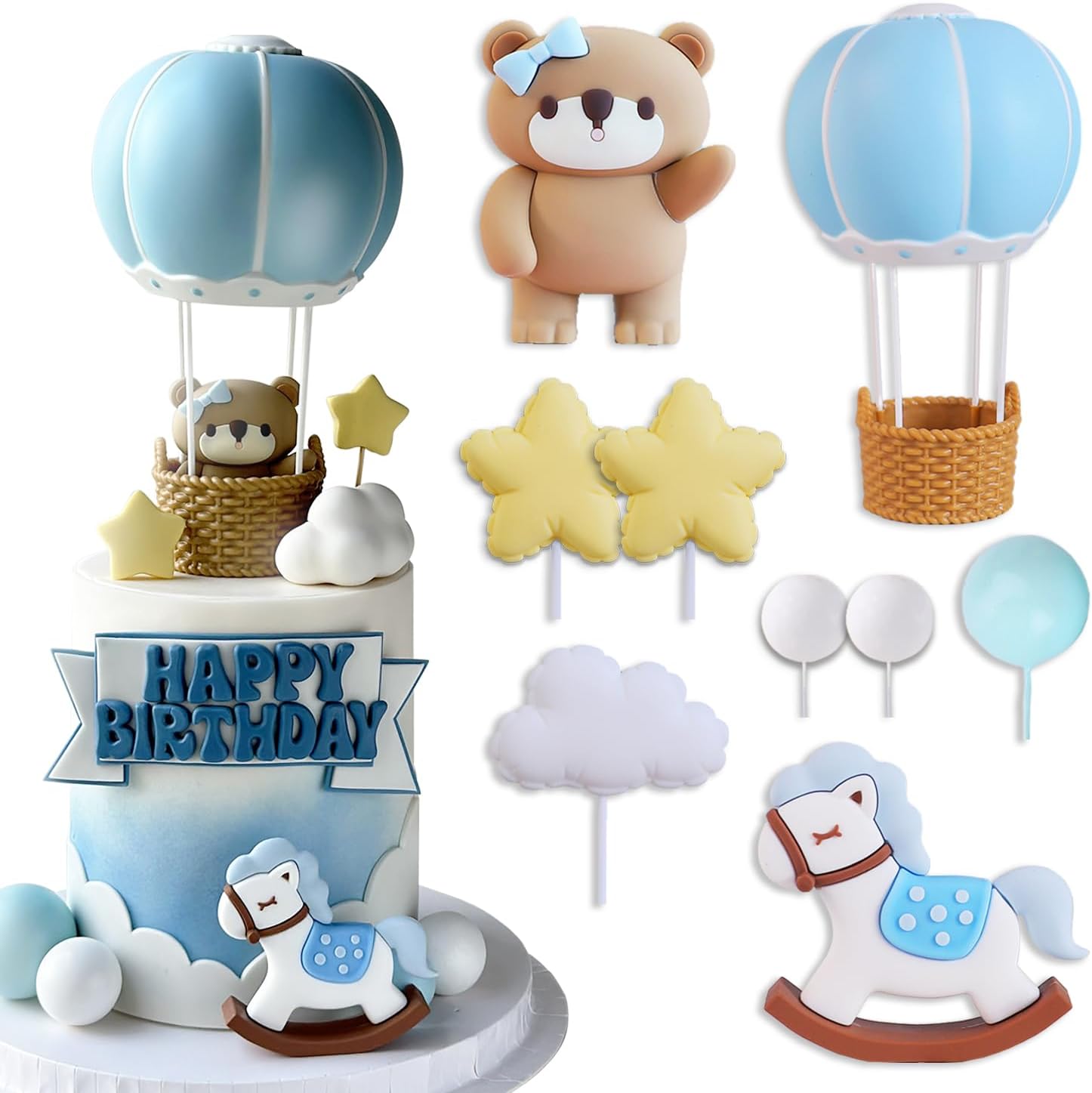Bear Cake Topper Set for Birthday – Looking-Back Bear with Bow, Blue Hot Air Balloon with Basket, Blue Rocking Horse, White Cloud, Yellow Stars, Foam Balls – Whimsical and Cute Cake Decorations