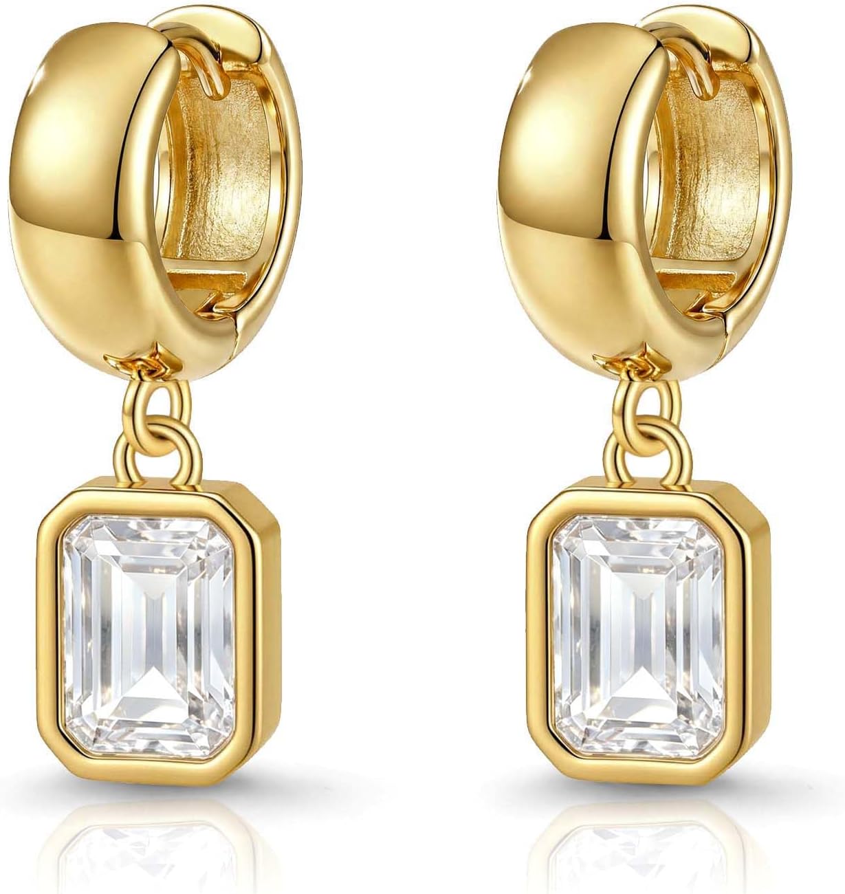 Gold Chunky Dangle Earrings for Women, Bezel Set Cubic Zirconia Charm