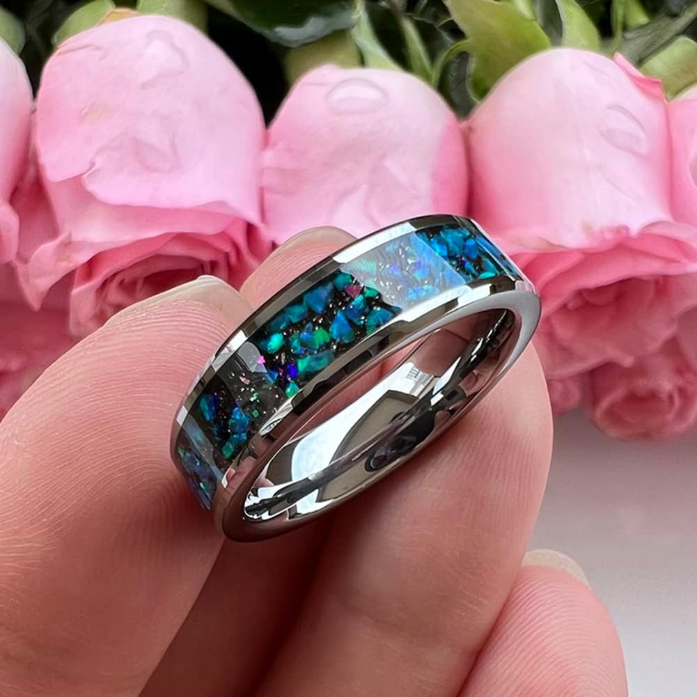 6mm 8mm Silver/Black Tungsten Rings for Men Women Couple Genuine Galaxy Opal Inlay Fashion Jewelry Engagement Wedding Bands Beveled Polished Shiny Comfort Fit - Image 4