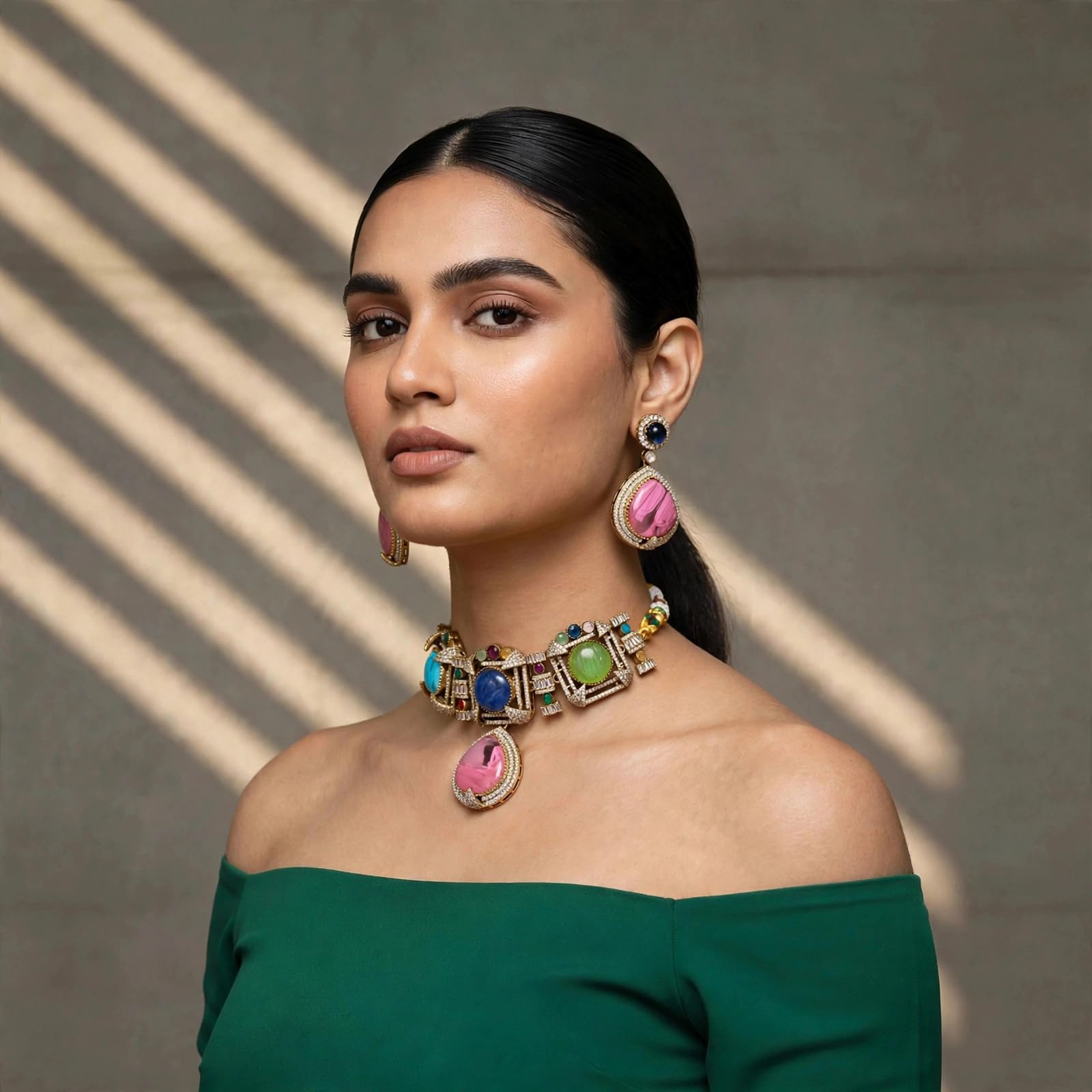 Kundan Jewellrs - Juego de gargantilla multicolor de piedra doble con