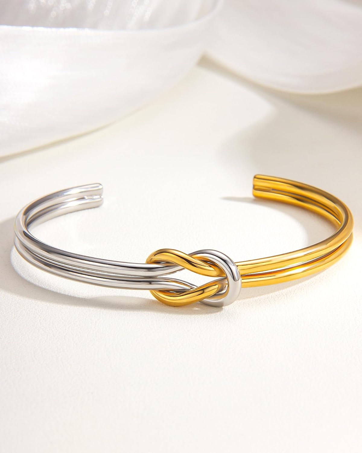 Two Tone Knot Bracelet for Women Gold and Silver Knot Cuff Bracelet Adjustable Mixed Metal Bangle Statement Jewelry Accessories Wedding Party Prom Jewelry Gifts