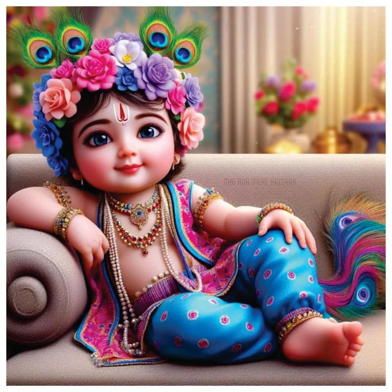 Image of British Terminal Cute little Bal Gopal Baby God Krishna| Kanha Ji | Laddu Lord Makhan Chor Painting Religious Poster for Pregnant Women for wall (matt thin vinyl,sticker,multicolor,unframed)| bj378