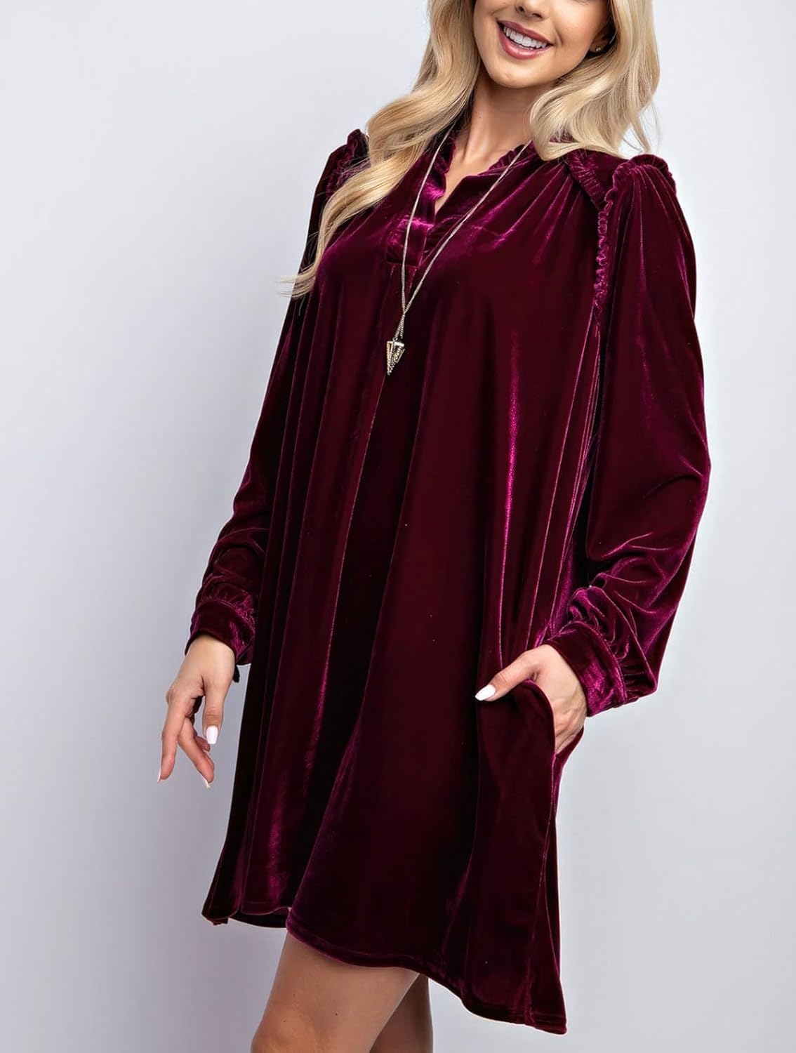 chouyatou Women's Long Sleeve Velvet Party Dress Frilly V-Neck Tunic Shift Short Dress with Pockets - Image 4