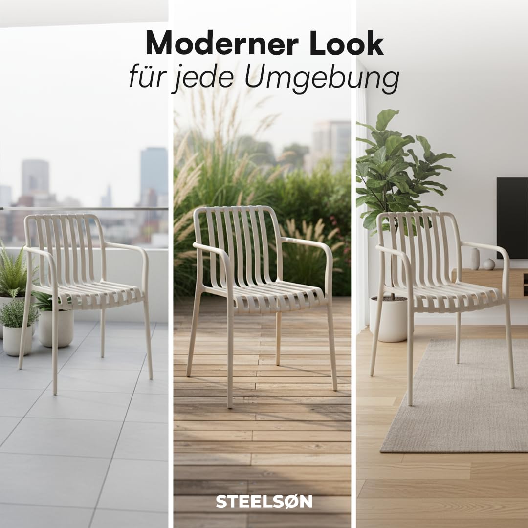 STEELSØN Pincoya Gartenstühle 4er Set – Outdoor Loungesessel Taupe – stapelbarer Balkonstuhl wetterfest & UV-beständig – Gartensessel aus Kunststoff bis 120 kg – Armlehnenstuhl Garten/Balkon/Terrasse