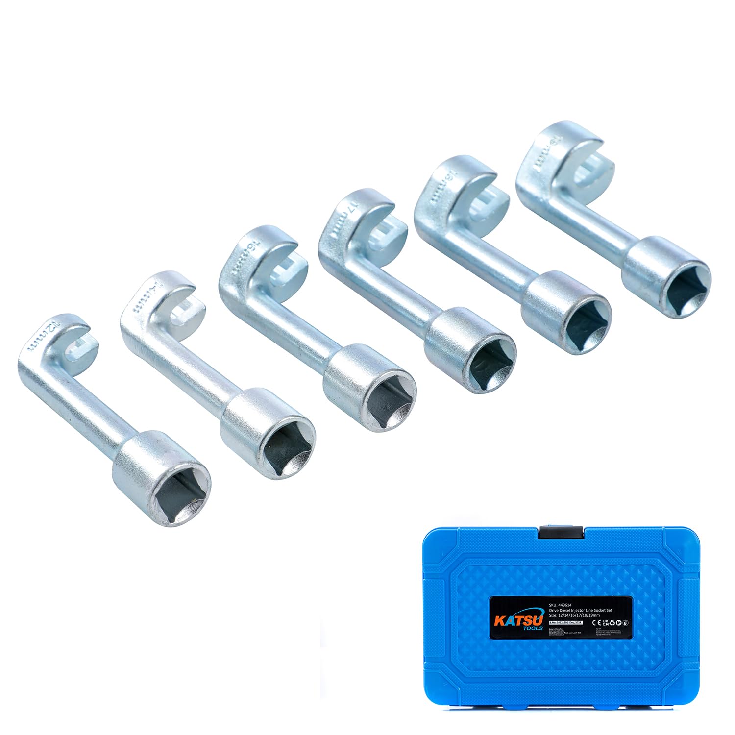 KATSU Tools Set di Chiavi a Bussola per Linee Iniettori Diesel 6 Pezzi 1/2", Metriche 12 14 16 17 18 19mm, Strumento a L per Smontaggio Linee Carburante 449614