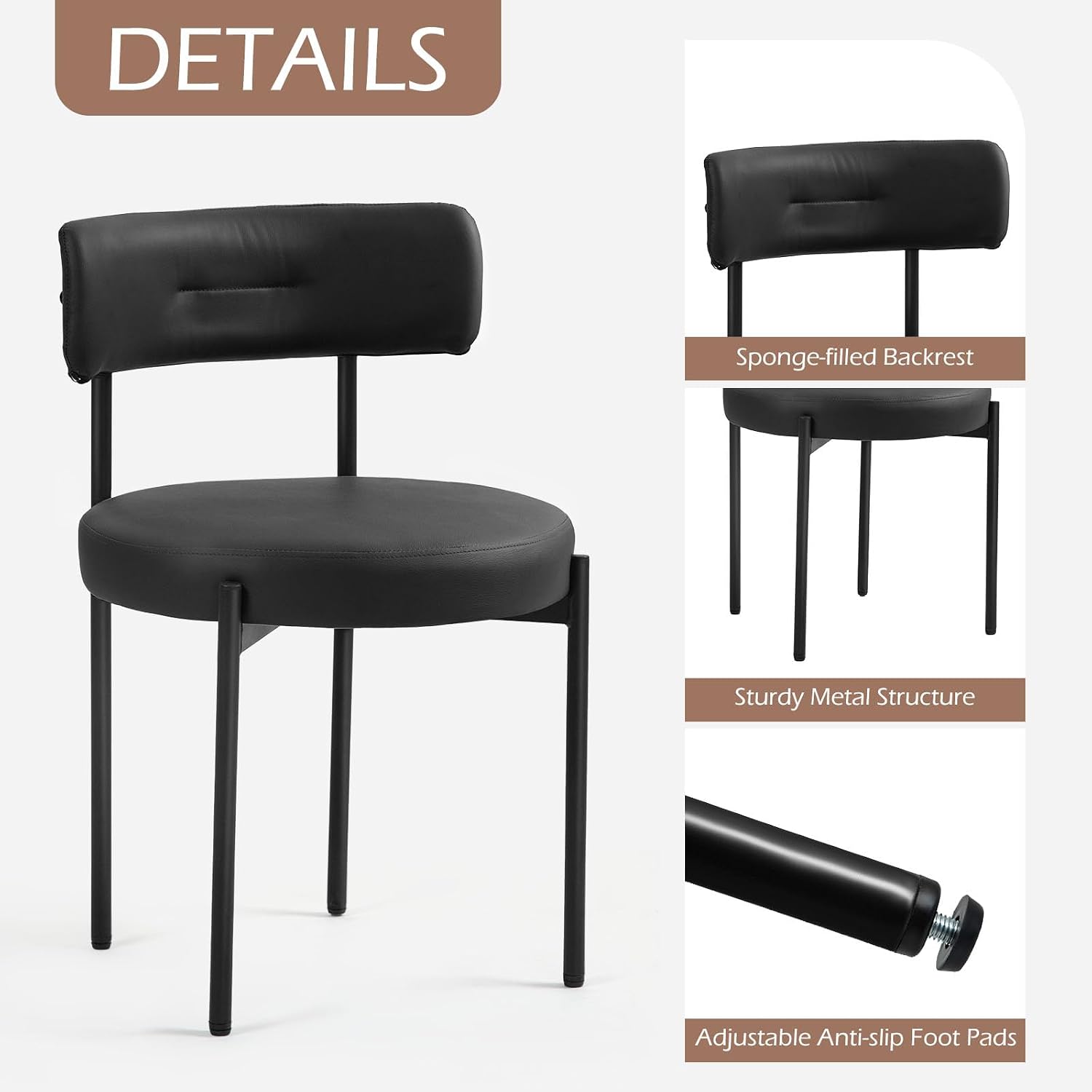 AVAWING Black Faux Leather Dining Chairs Set of 2, Modern Upholstered Kitchen Chairs with Metal Legs and Curved Backrest, Round Dining Room Chairs for Dining Room and Kitchen