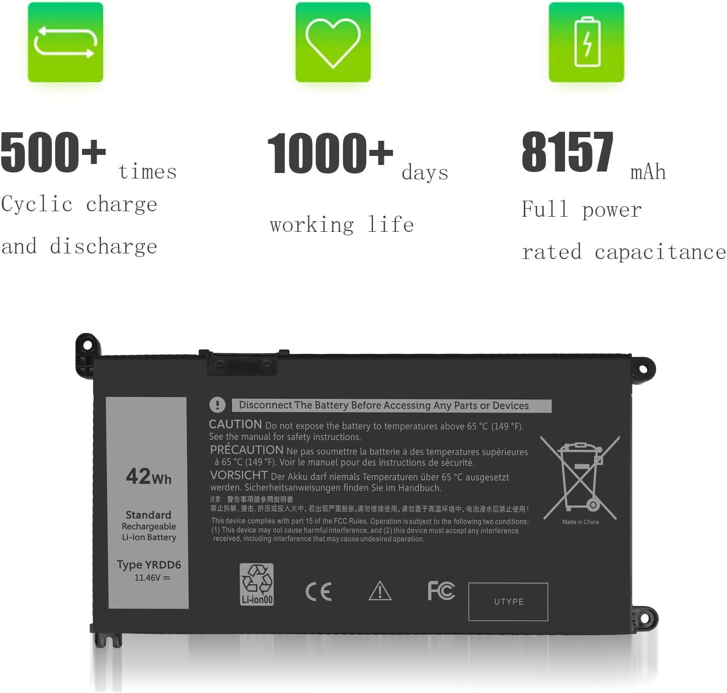 YRDD6 42Wh Laptop Battery for Dell Inspiron 15 3000 5000 Series 3501 3582 3583 3584 3593 5584 5585 5590 5591 5593 5594 5598