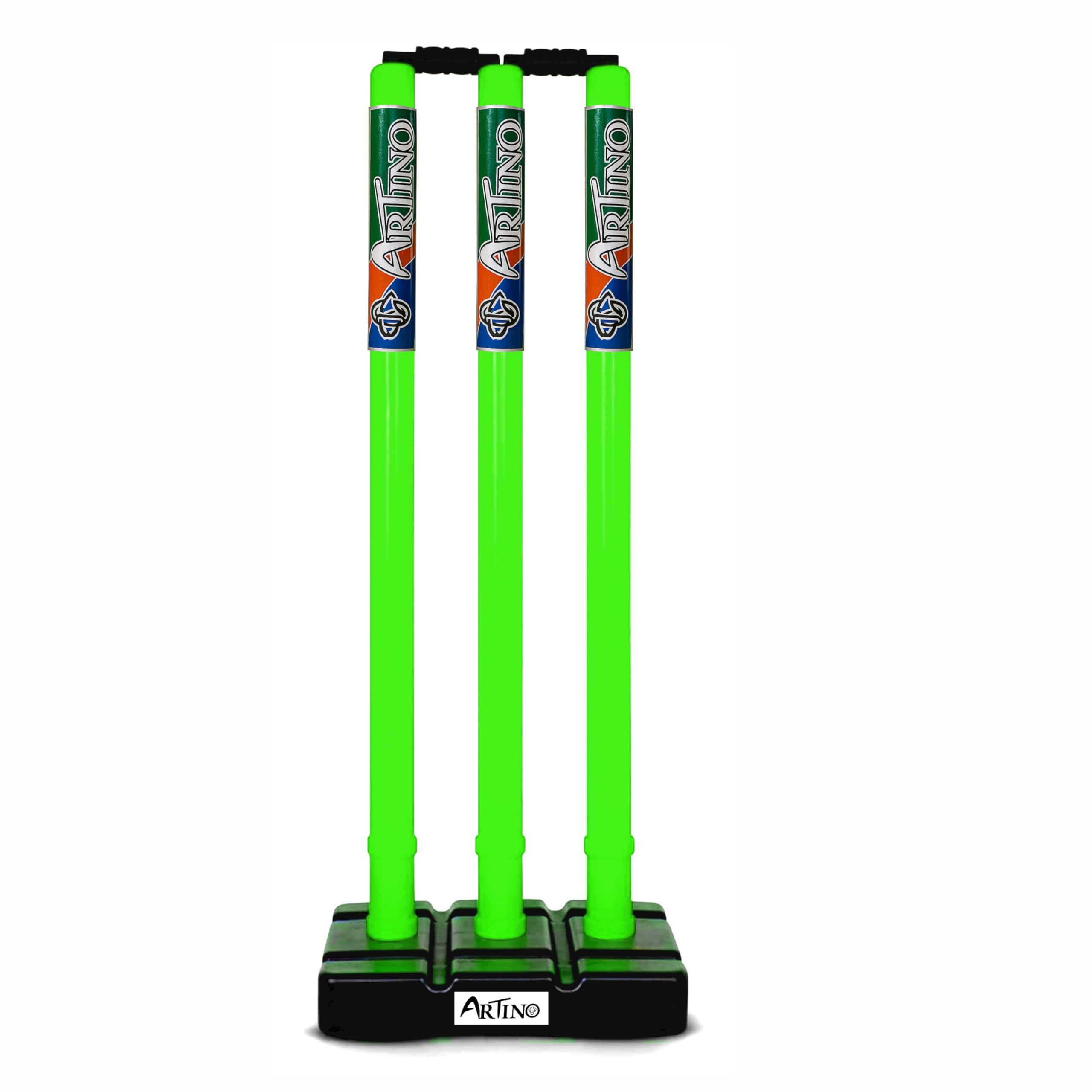 Artino Fluorescent Green Plastic Cricket Wicket Set Full Size - 3 Stumps + 2 Bails + 1 Stand (Plastic Wicket Set)-image-16