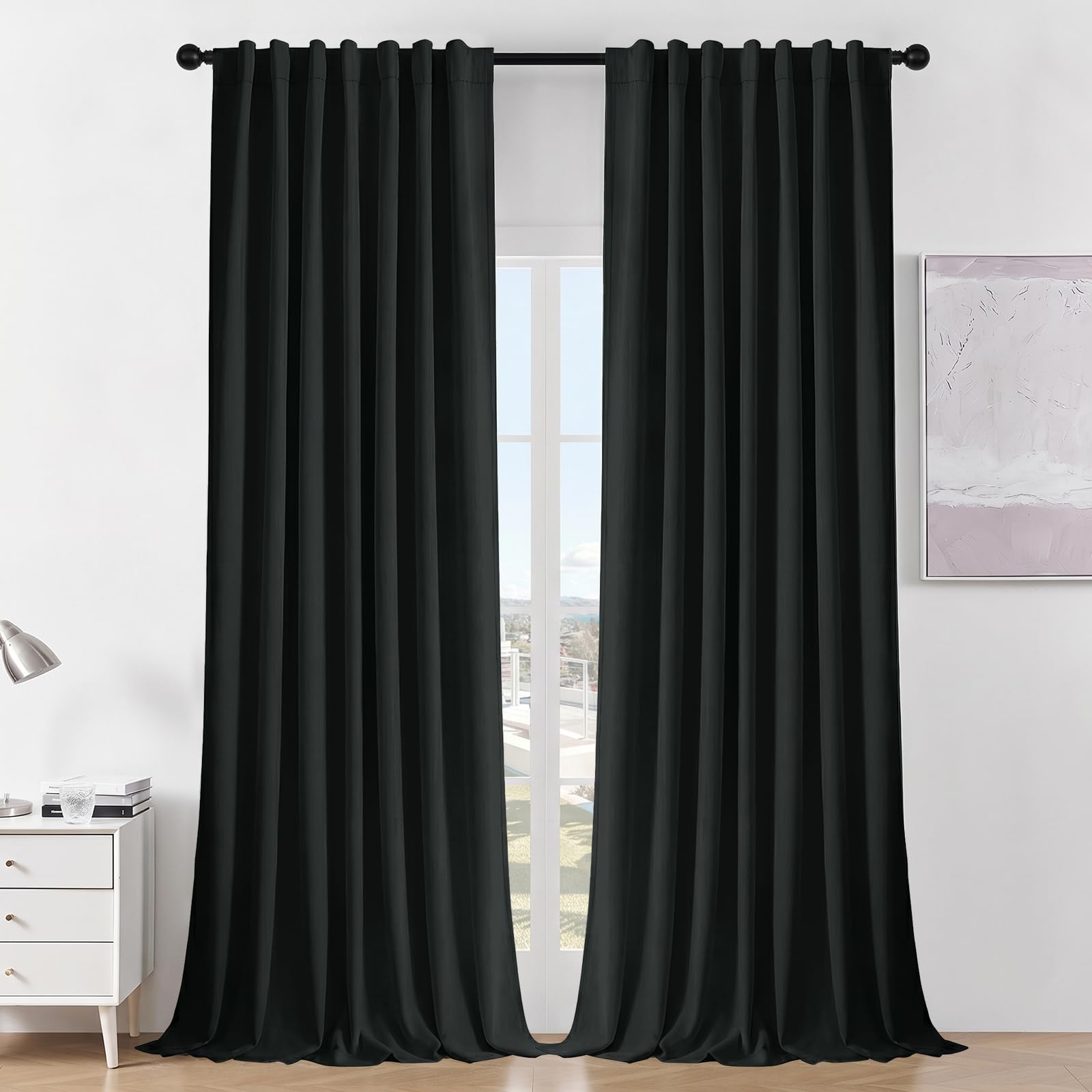 Joydeco Blackout Curtains for Bedroom 84 inch Length，Back Tab/Rod Pocket 100% Blackout Living Room Drapes, Textured Thermal Insulated Blackout Curtains 2 Panels Set,52" W x 84" L,Black