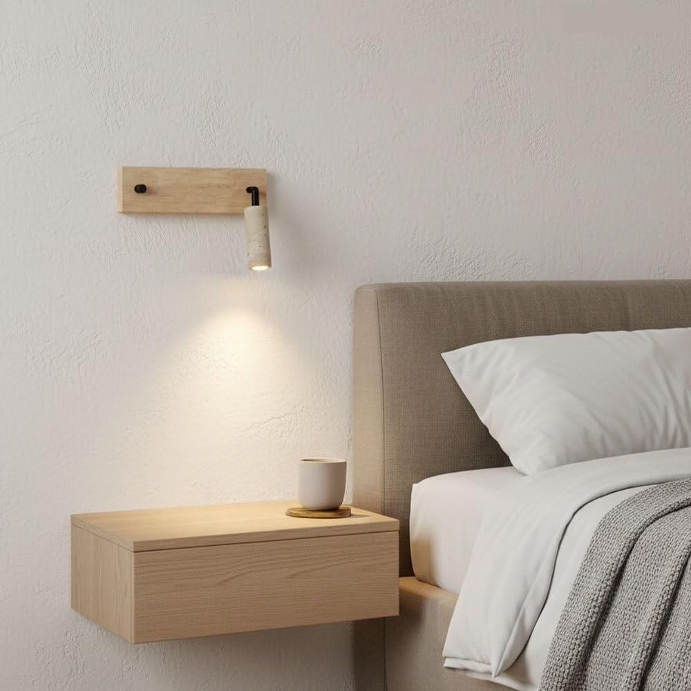 Japanese Wood Wall Sconce, Travertine Spotlight Wall Light with, Rotatable Indoor Wall Lamp for Bedside Reading, Bedroom, Living Room, Hallway, Study, Apartment, Guest Room Parlor