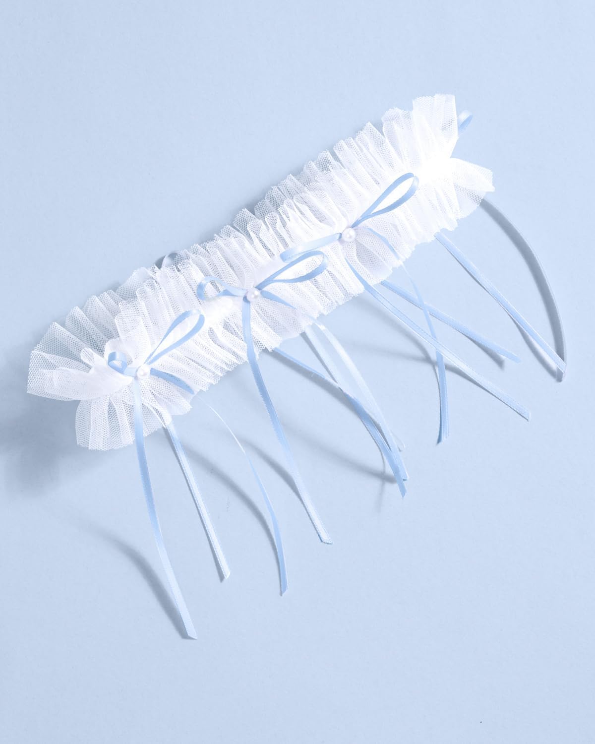 xo, Fetti White Tulle Ruffle Bridal Garter + Blue Pearl Bows | Bride to Be Accessory, Bridal Shower Outfit, Wedding Something Blue Decorations, Engagement Gift - Image 5