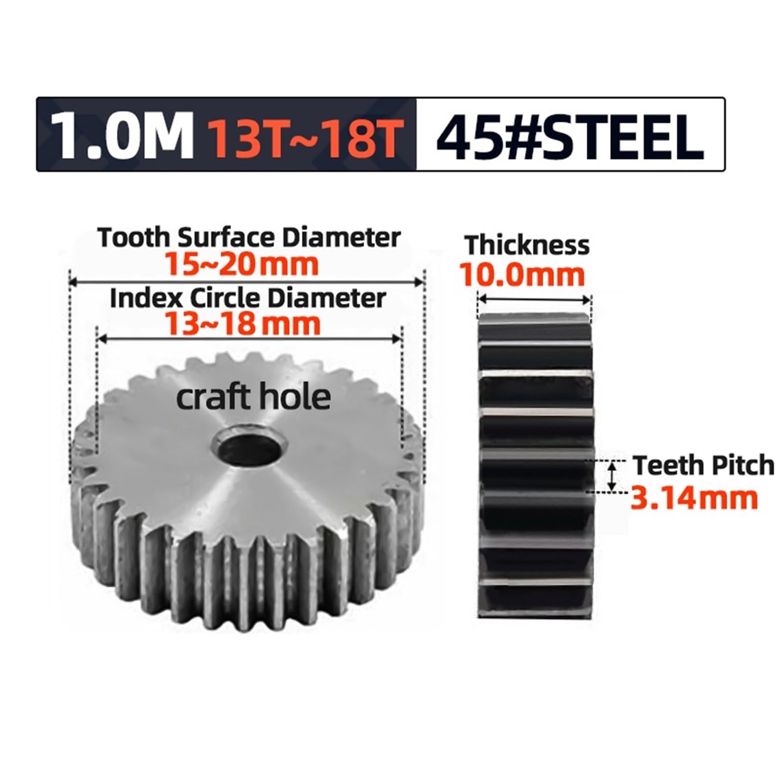 Engrenage droit à crémaillère 1M avec 13-18 dents - pignon en acier 45 for l'industrie des machines(10mm 17 Teeth)