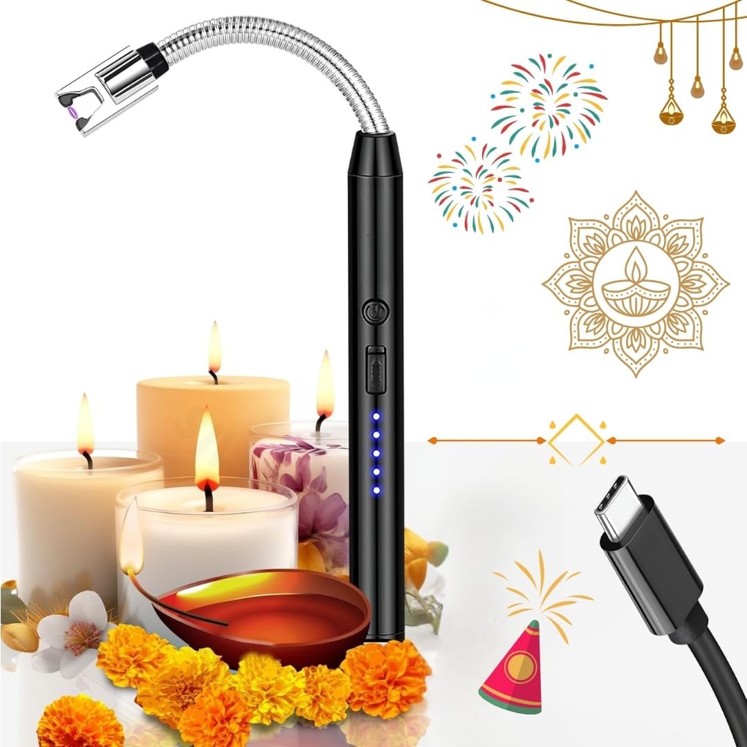 fukkuda CLITZ Rechargeable Electric Arc Lighter with 360° Flexible Long Neck | Windproof Plasma Flameless Lighter with LED Battery Display for Kitchen Gas Stove, Candle & Camping-picture-32