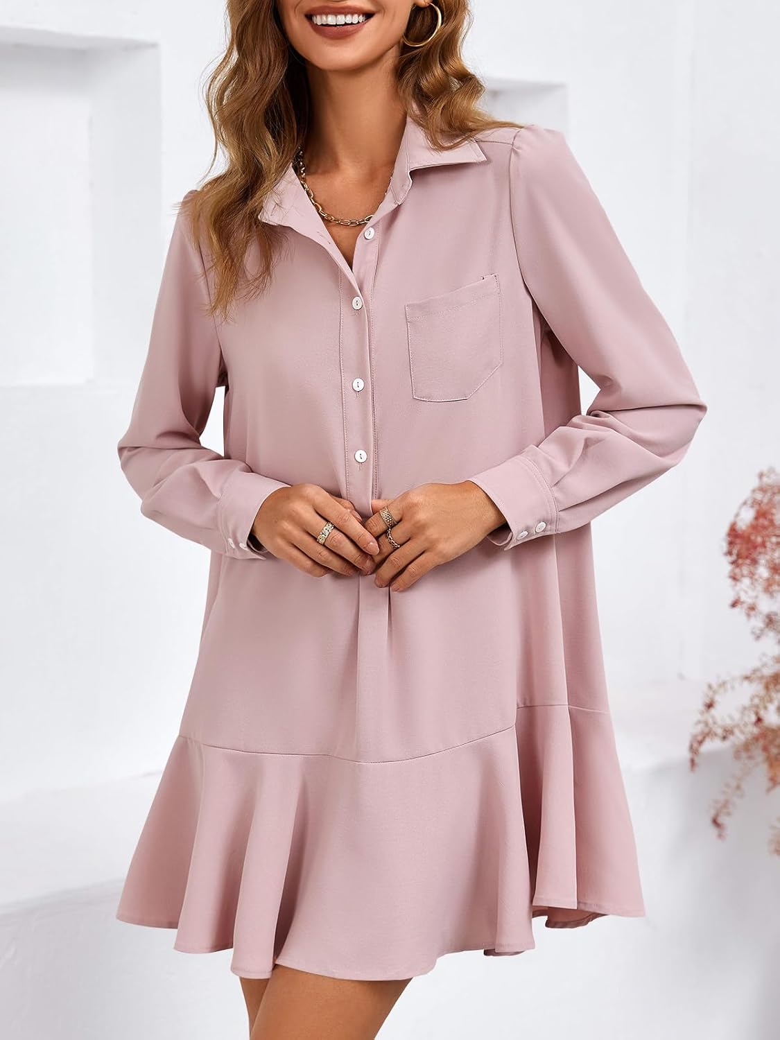 Fisoew Womens Casual Button Down Shirt Dress Long Sleeve Collared Pleated Swing Mini Dresses - Image 2