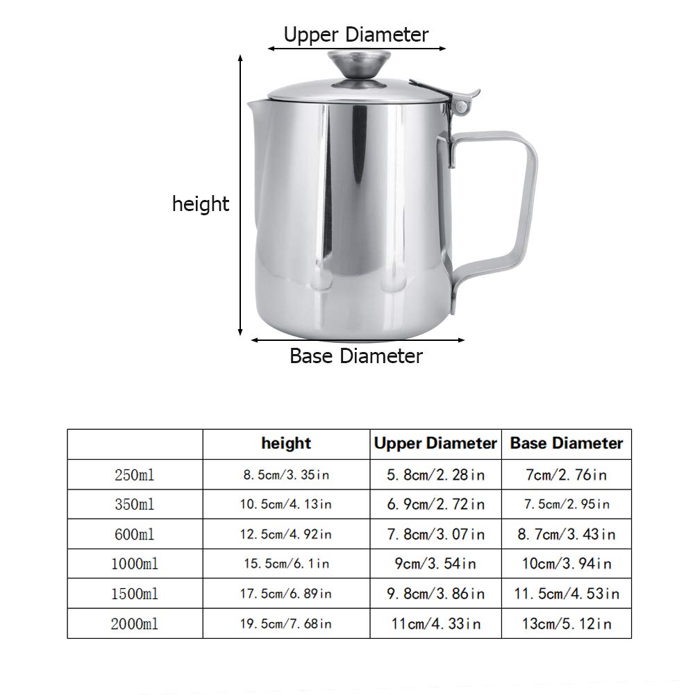 MAGT Pichet à Lait, 2000 ml Mousseur à Lait En Acier Inoxydable avec Couvercle, Bec Verseur Sans Gouttes, Poignée Ergonomique, Pour Latte Café Art