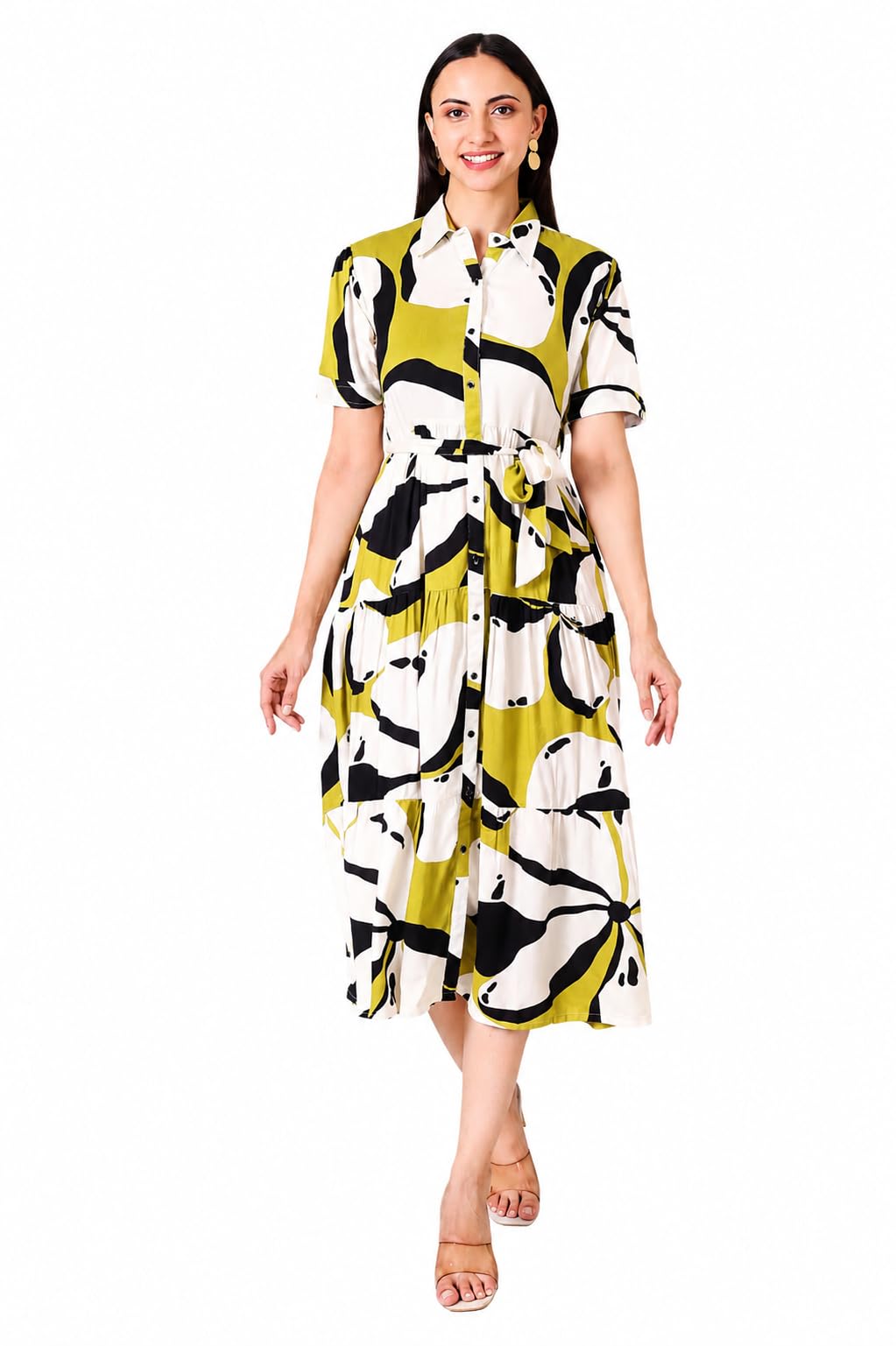 kween Women's Olive Green Abstract Printed Viscose Rayon Shirt Dress-picture-39