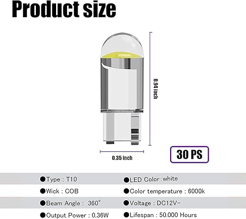 Miniatura 2 de Paquete de 30 bombillas LED 194 para automóvil, 168 2825 W5W T10 6000K cuña COB LED bombillas de repuesto para placa de matrícula, luces de