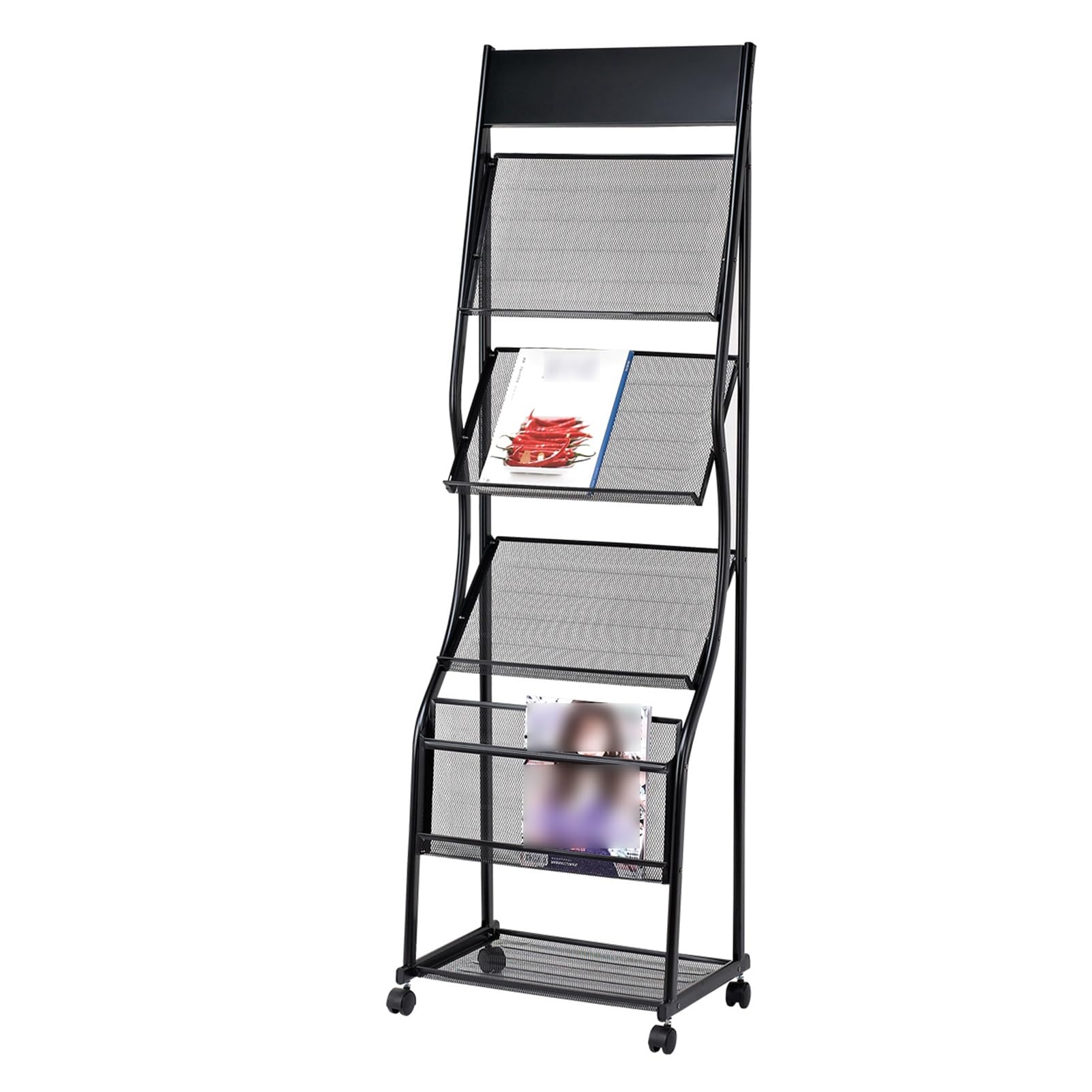 ASerZenith Floor-standing Magazine Rack, 4-tier Brochure Rack with Wheels, Signature Rack, Newspaper and Product Exhibition Grid Display Rack