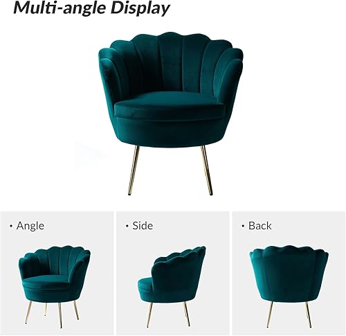 Miniatura 3 de HULALA HOME Silla decorativa moderna de terciopelo con respaldo en forma de concha, bonito sillón para sala de estar, dormitorio con patas doradas,