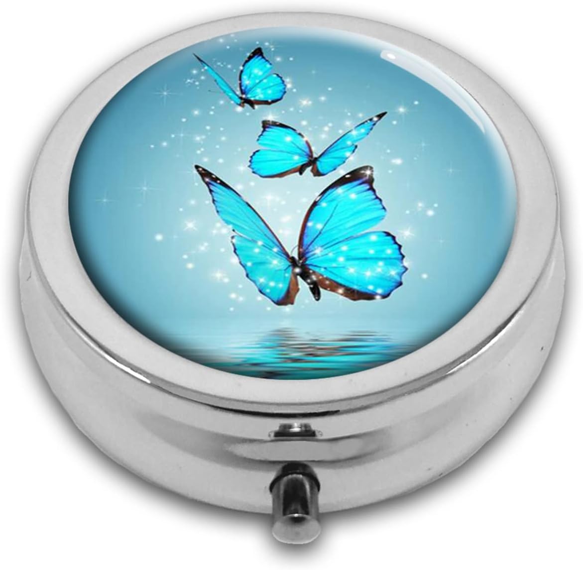 Blue Butterfly Water Custom Round Silver Pill Box Pocket 2.1 inches Medicine Tablet Holder Organizer Case for Purse