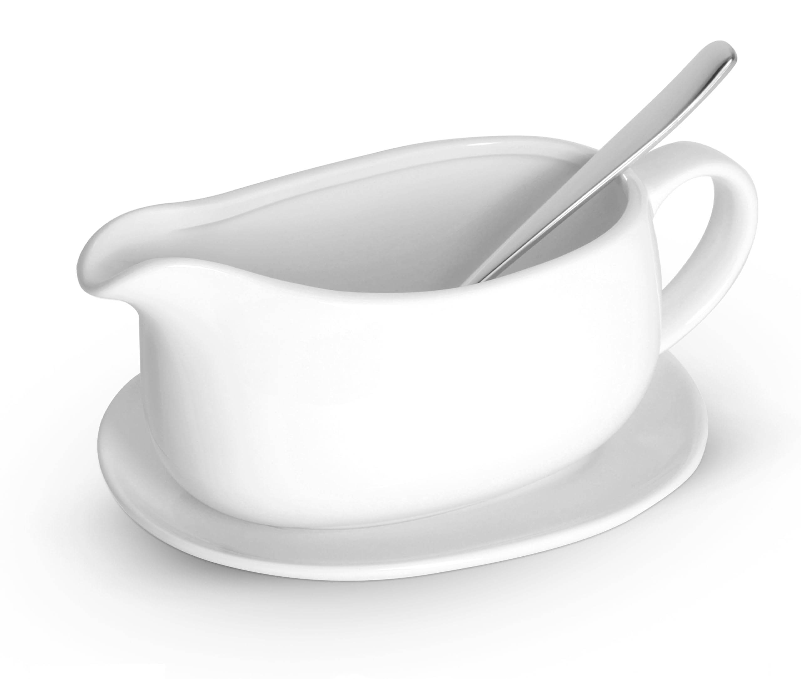 Kook Ceramic Gravy Boat with Saucer &amp; Spoon, 23.8 oz, White