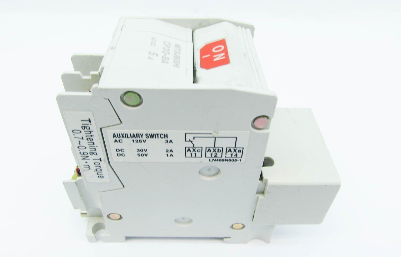 Side view of the Mitsubishi CP30-BA Circuit Breaker with auxiliary switch diagram and tightening torque specification.