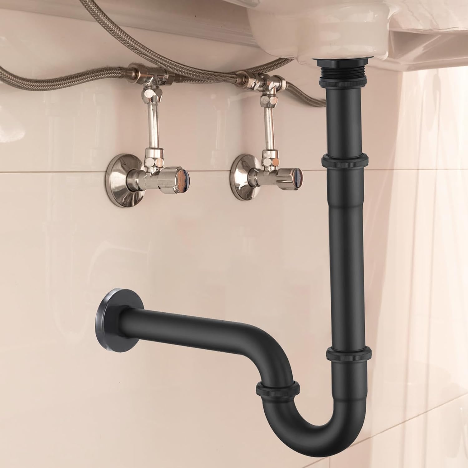 Bathroom Basin Sink U Shape Stopper Bottle Trap，2 Pieces Adjustable Height 1-1/4 inch Slip Inlet Drain, Sink Waste Drain P Trap Set with Overflow, Thickened(29.3oz), Matte Black