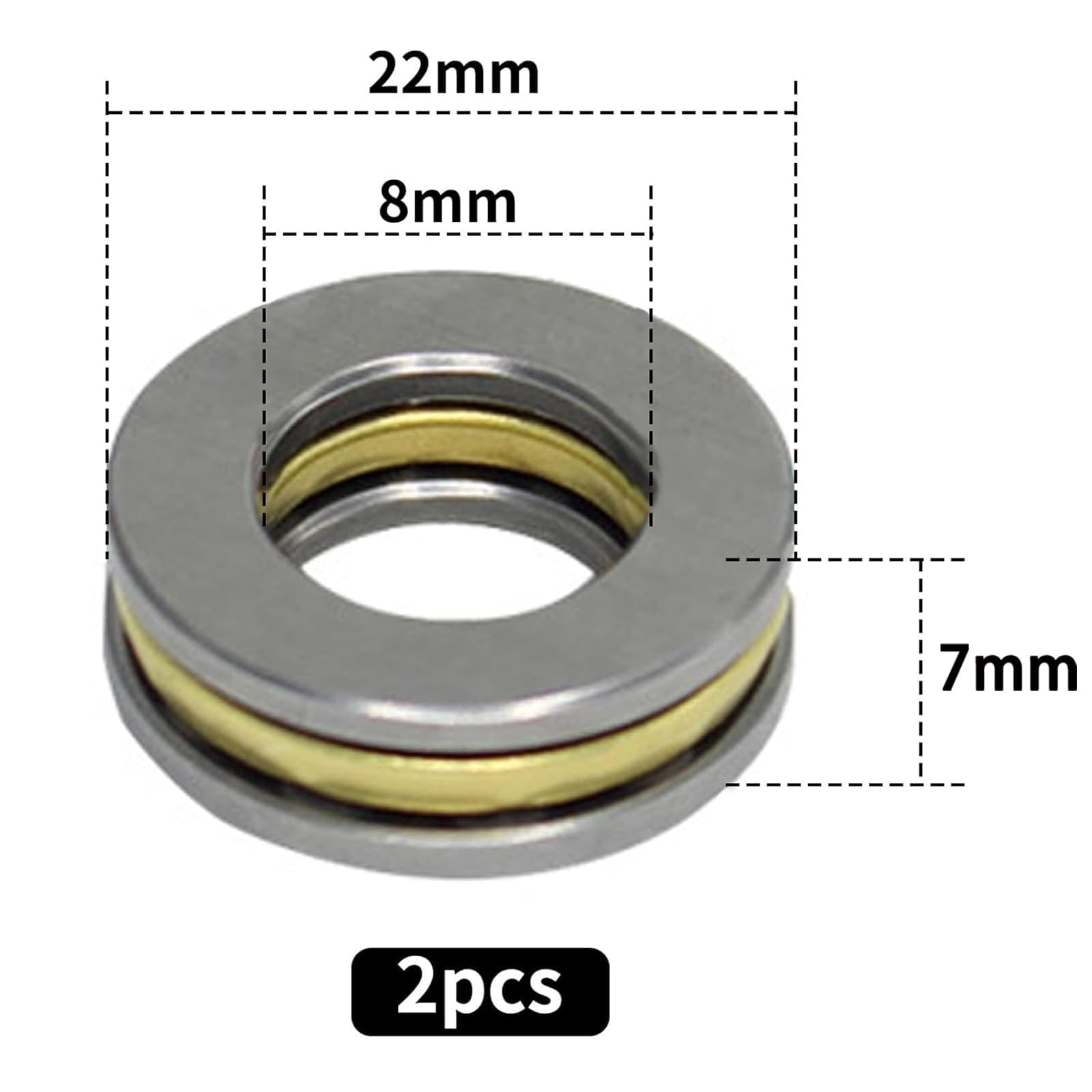 2 x Miniaturowe łożyska osiowe F8-22M, łożyska kulkowe osiowe 8 mm x 22 mm x 7 mm, stal chromowa, miniaturowe łożysko osiowe z podkładką