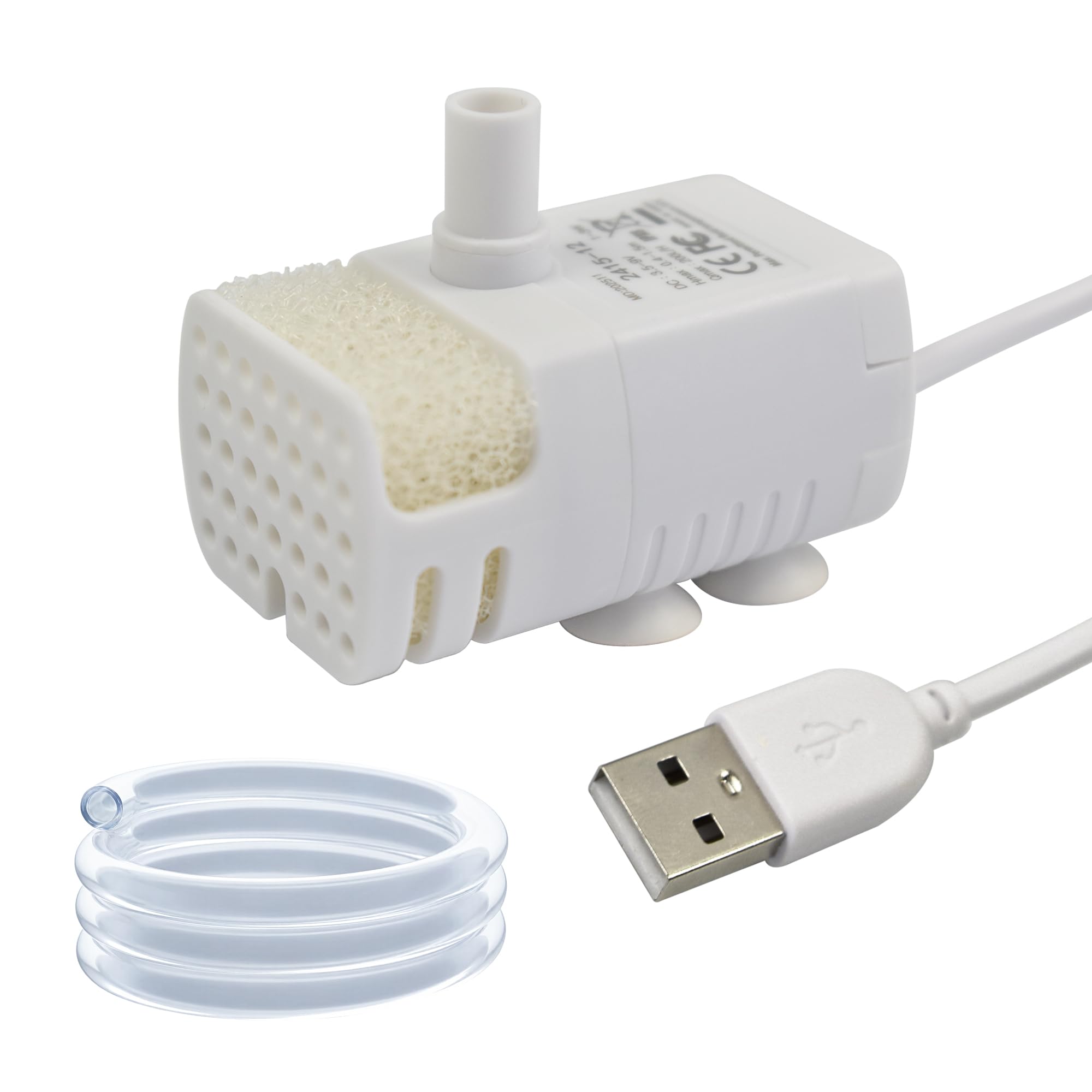CONQUERALL 5V USB Cat Drinking Fountain Replacement Pump 1W 39GPH 2.3ft with Filter Sponge and 3.3ft Silicone Tube for Bird Bath (White)
