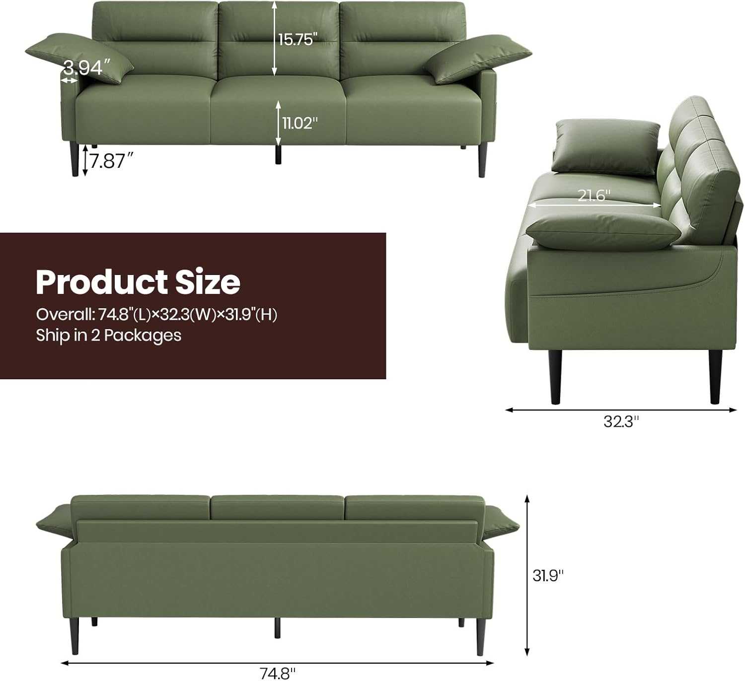 COPIAE 83" Faux Leather Couch, Upholstered 3 Seater Sofa with Pillows, Solid Wood Frame Leather Sleeper Sofa with Metal Legs& Side Pocket, Mid Century Sofa Couches for Living Room, Bedroom, Office